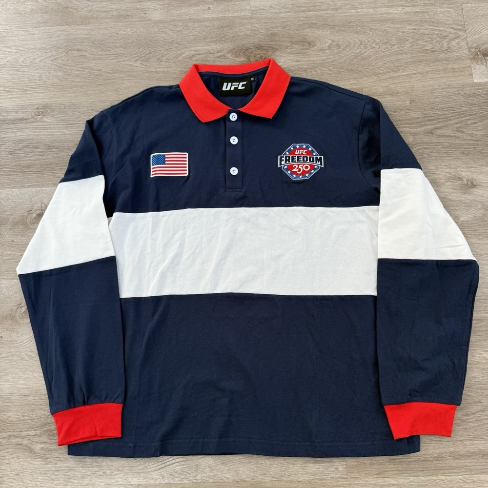 UFC Freedom 250 Long Sleeve Polo Shirt Mens XL USA Flag Embroidered Rugby Navy